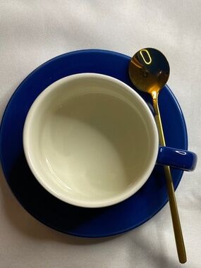 White and Blue Short Wide Base Mug W Plate and Gold Spoon